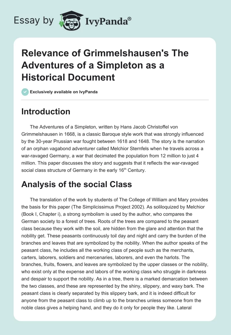 Relevance of Grimmelshausen's "The Adventures of a Simpleton" as a Historical Document. Page 1