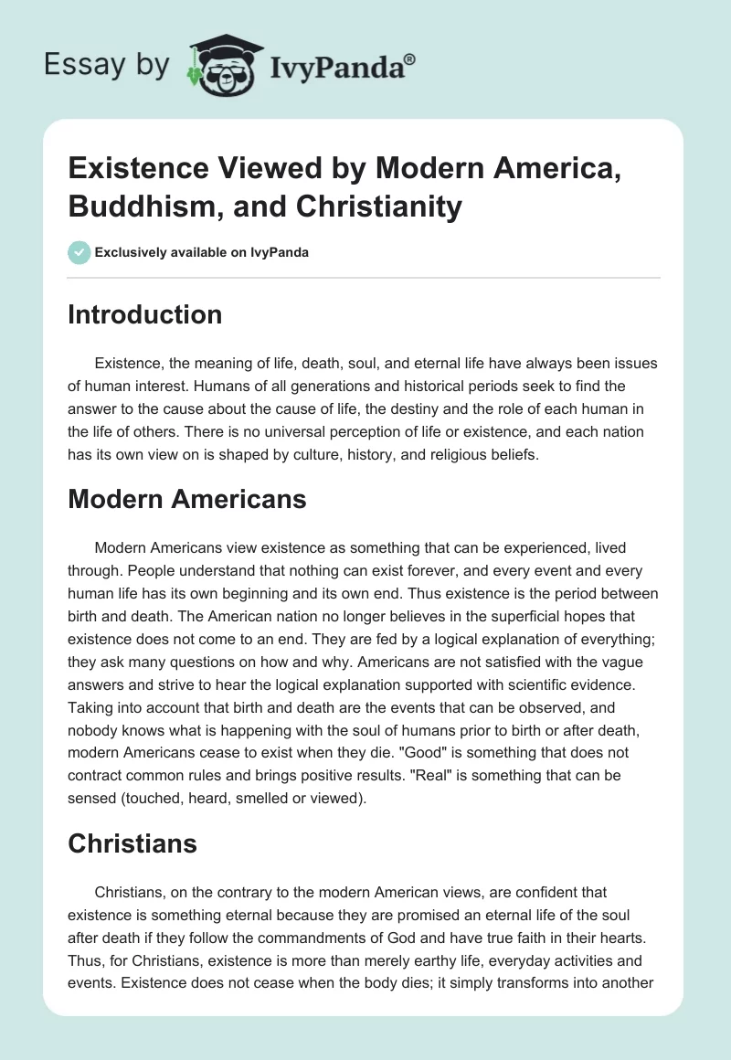 Existence Viewed by Modern America, Buddhism, and Christianity. Page 1