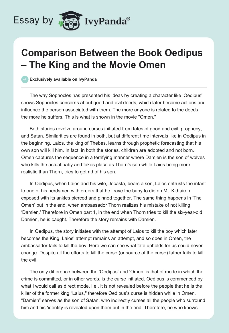 Comparison Between the Book "Oedipus – The King" and the Movie "Omen". Page 1