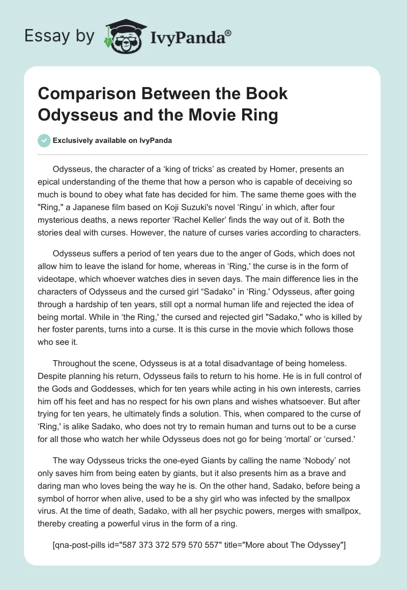Comparison Between the Book "Odysseus" and the Movie "Ring". Page 1