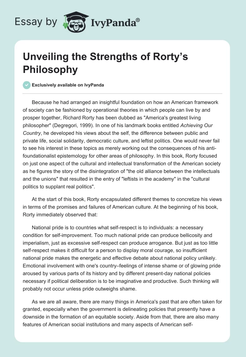 Unveiling the Strengths of Rorty’s Philosophy. Page 1