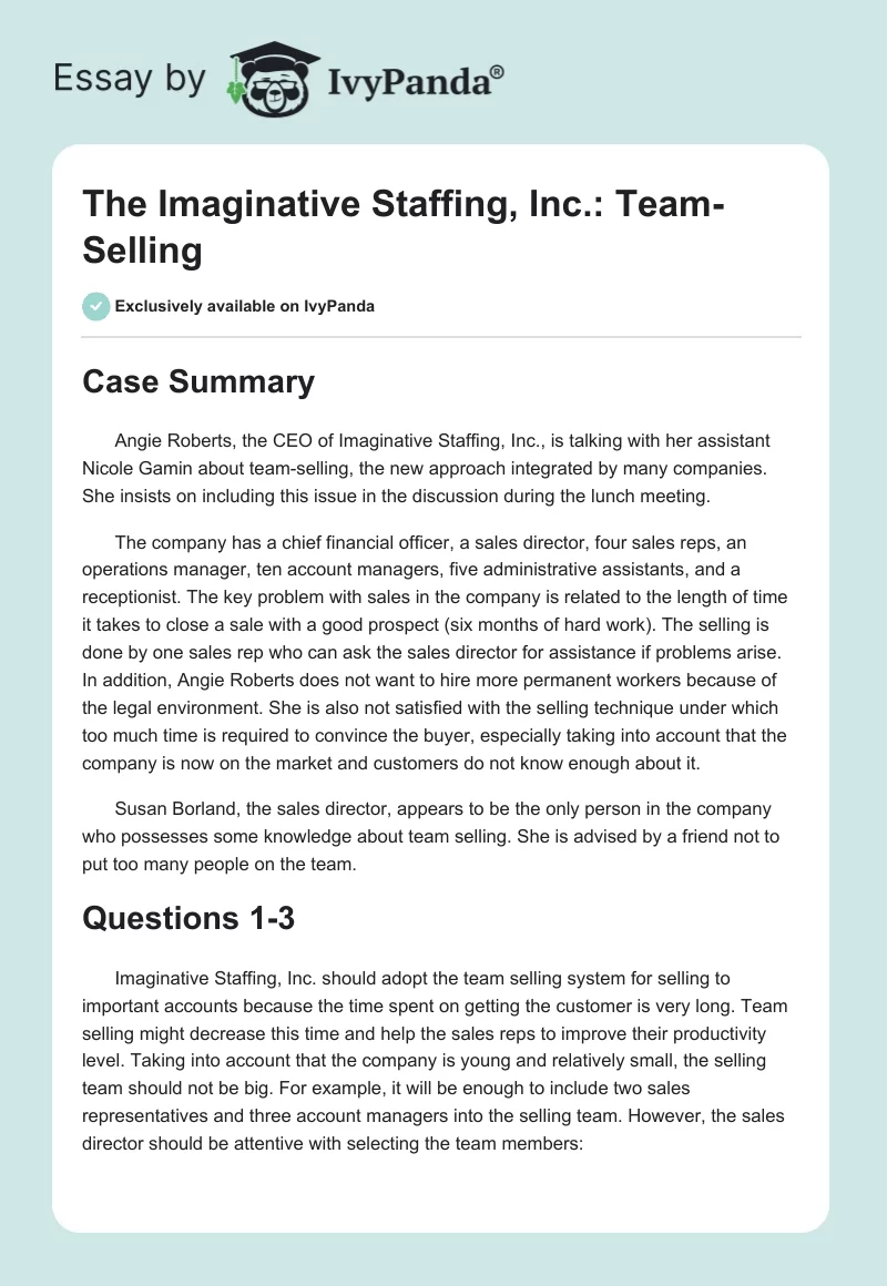The Imaginative Staffing, Inc.: Team-Selling. Page 1