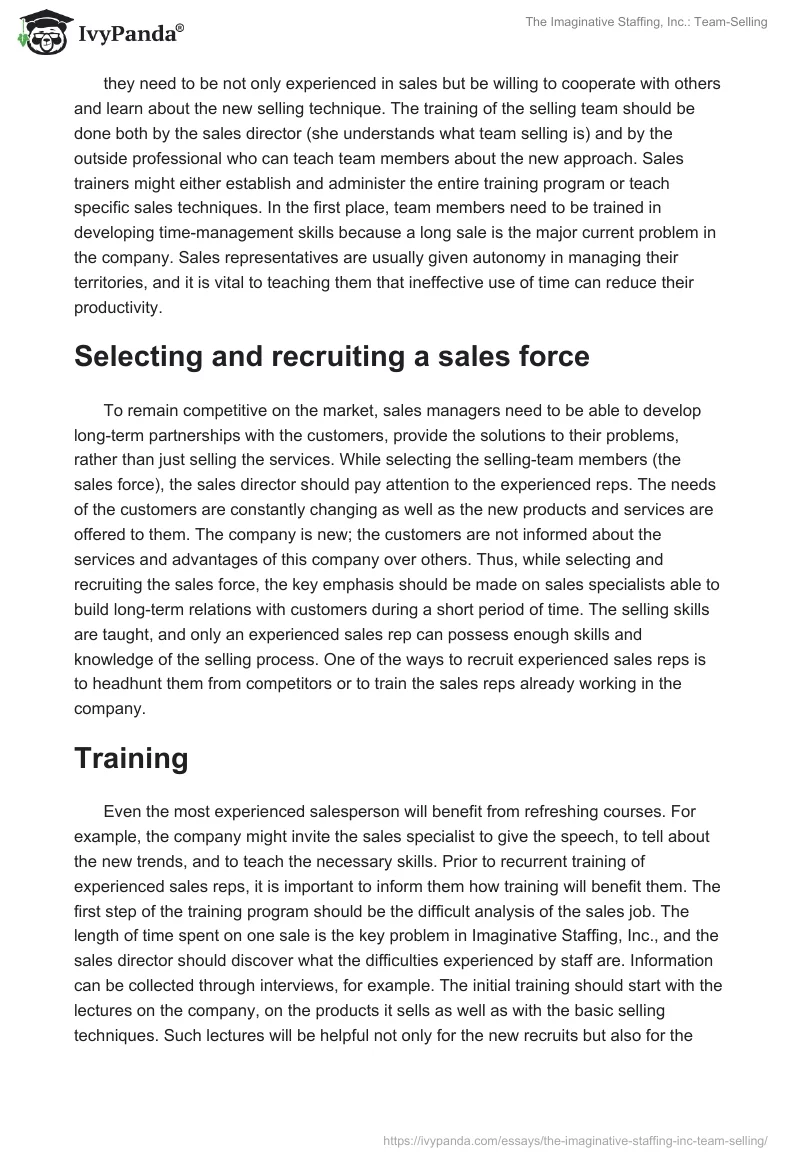 The Imaginative Staffing, Inc.: Team-Selling. Page 2