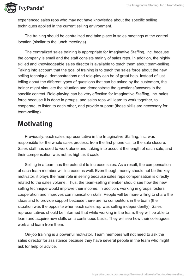 The Imaginative Staffing, Inc.: Team-Selling. Page 3