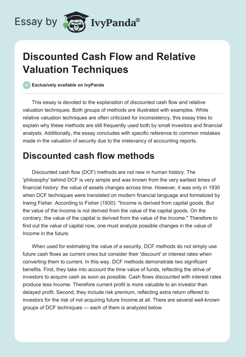Discounted Cash Flow and Relative Valuation Techniques. Page 1