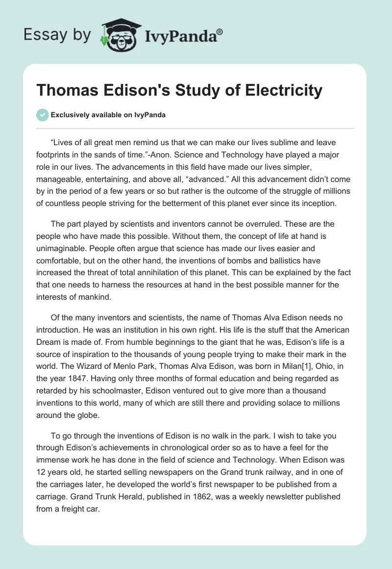 Thomas Edison's Study of Electricity. Page 1