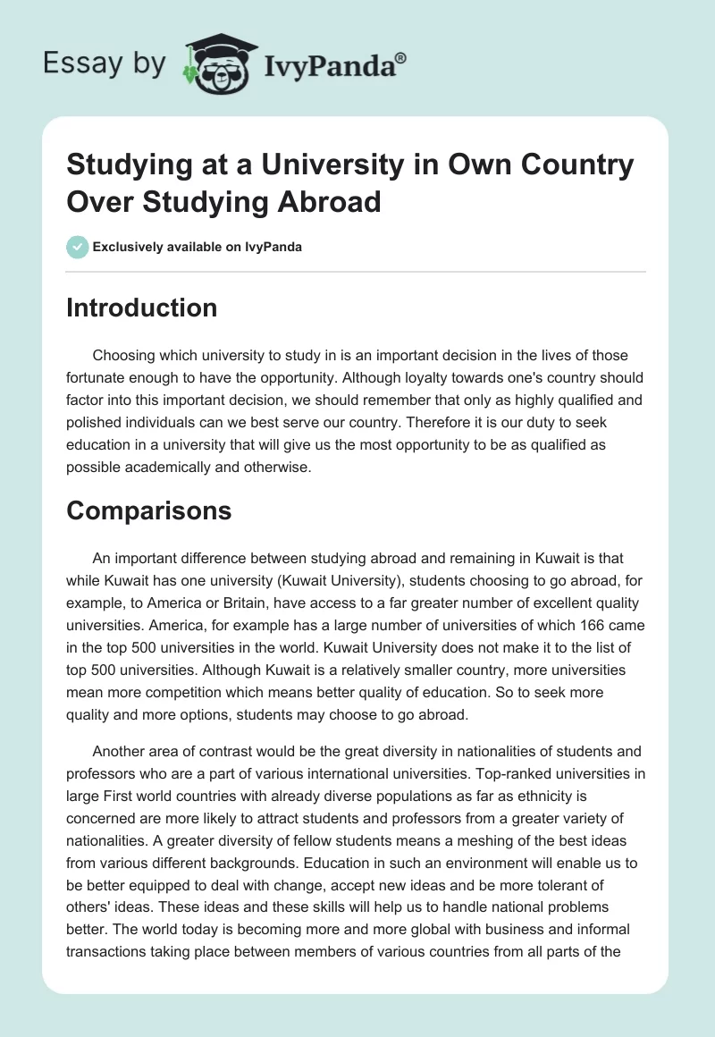 Studying at a University in Own Country Over Studying Abroad. Page 1