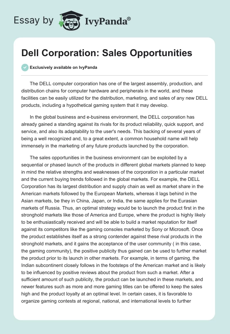 Dell Corporation: Sales Opportunities. Page 1