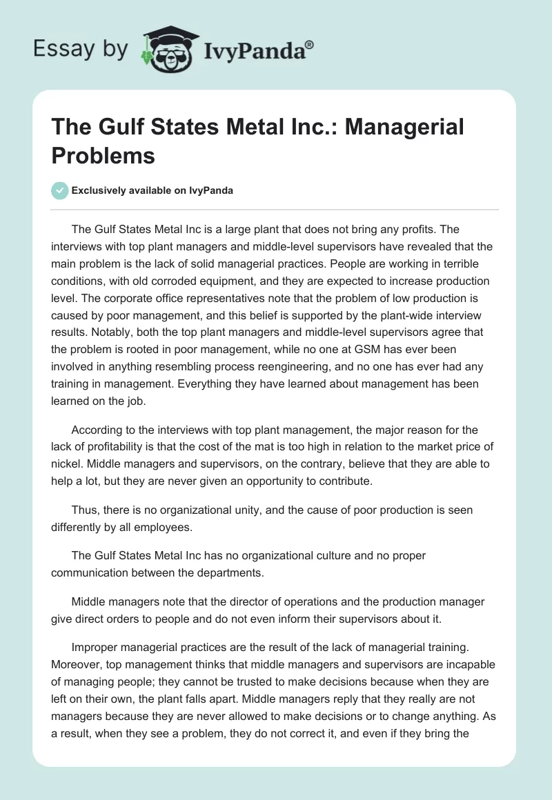 The Gulf States Metal Inc.: Managerial Problems. Page 1