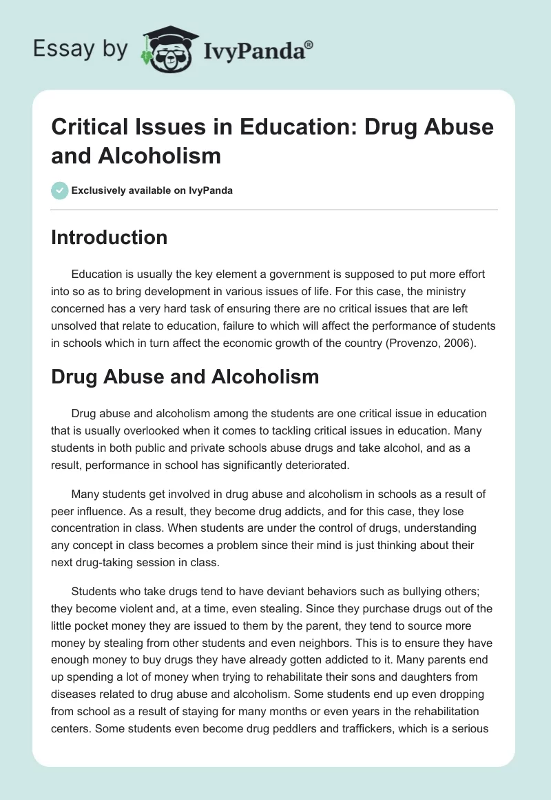 Critical Issues in Education: Drug Abuse and Alcoholism. Page 1