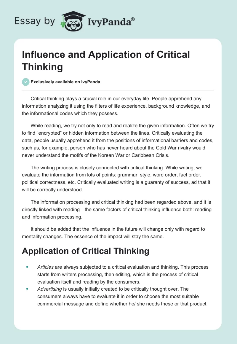 Influence and Application of Critical Thinking. Page 1