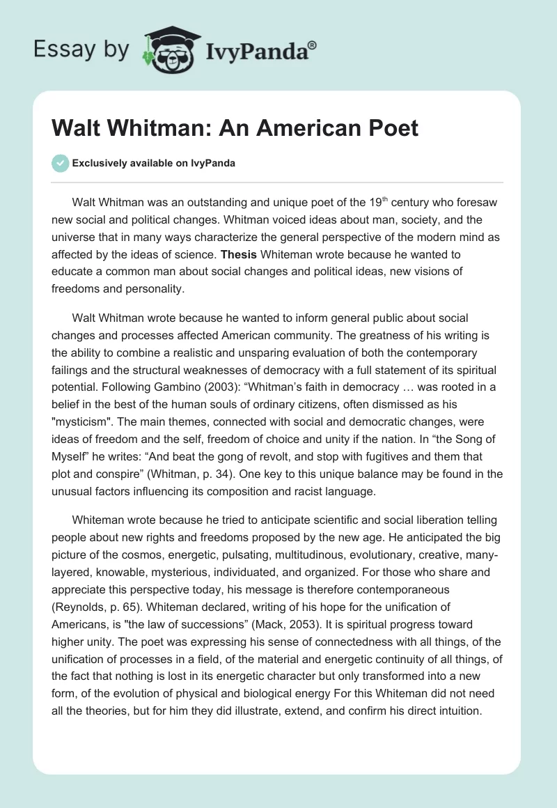 Walt Whitman: An American Poet. Page 1