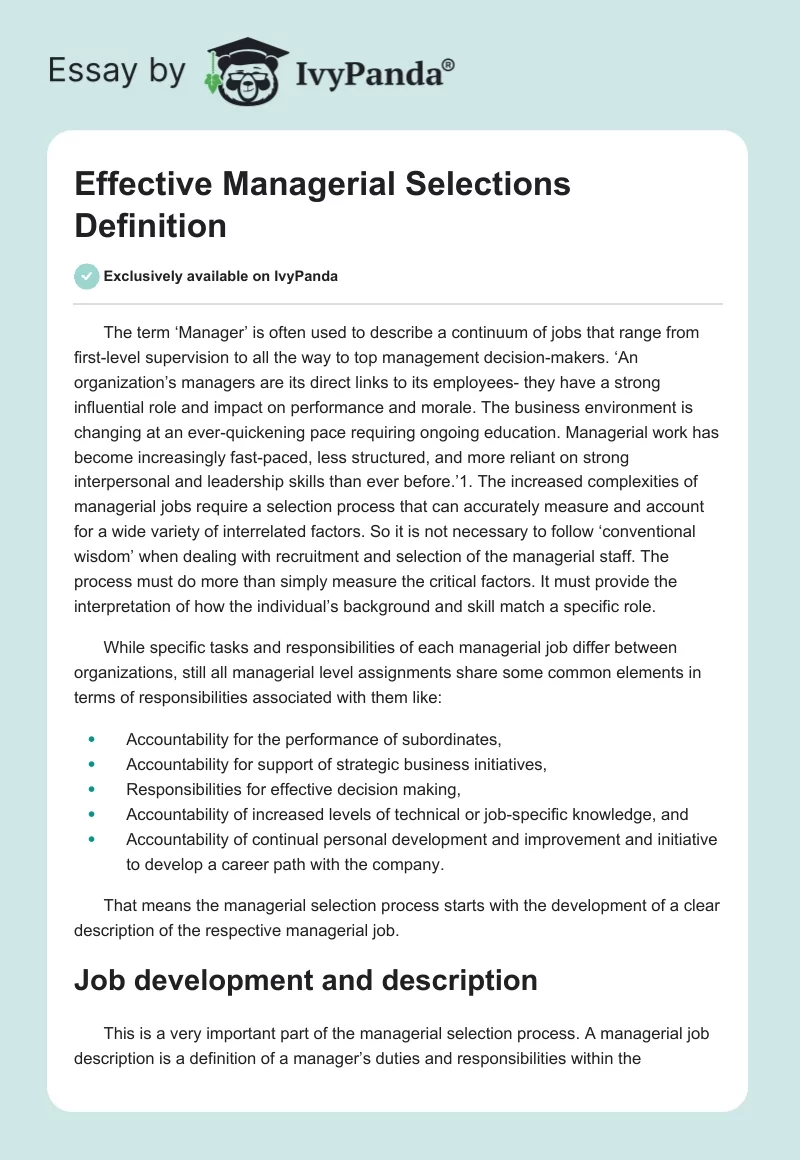 Effective Managerial Selections Definition. Page 1