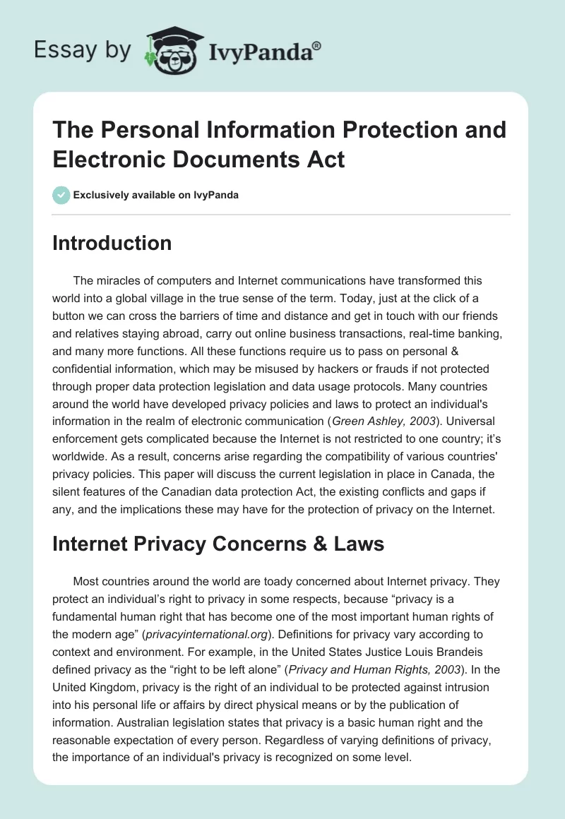 The Personal Information Protection and Electronic Documents Act. Page 1