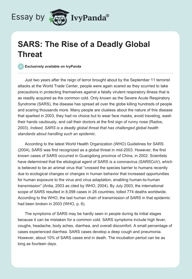SARS: The Rise of a Deadly Global Threat. Page 1