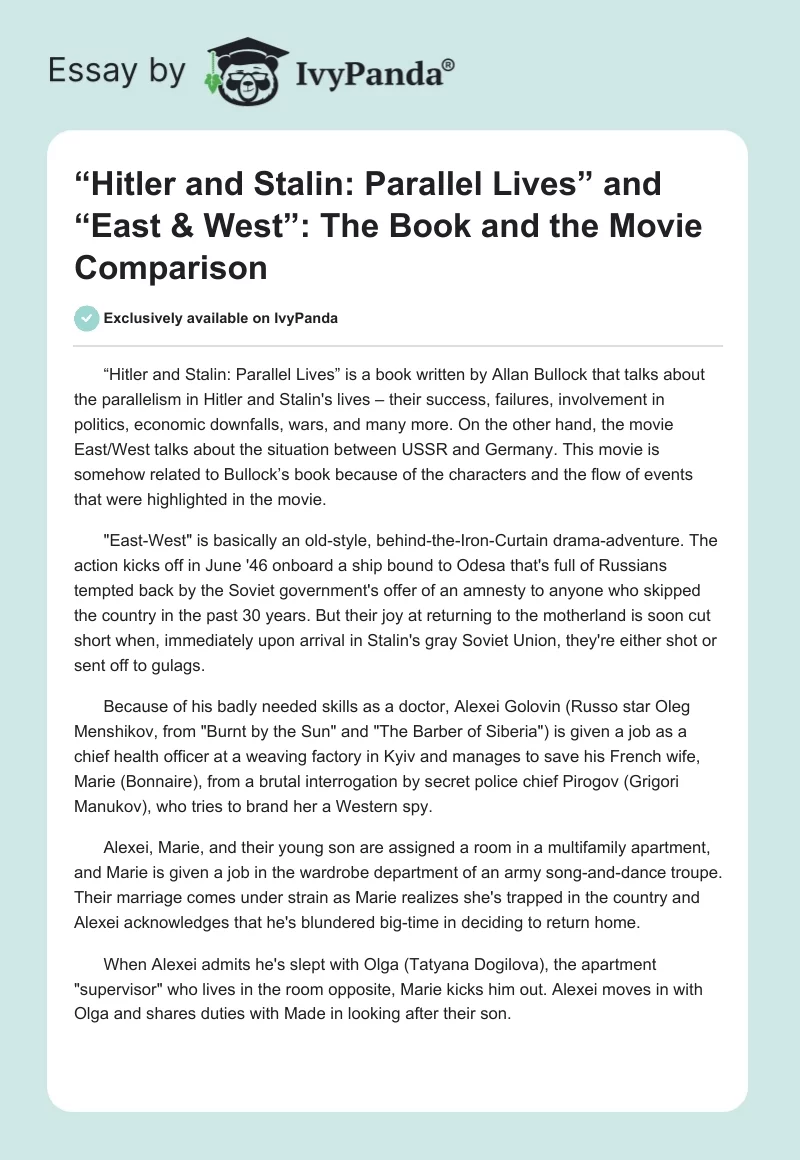 “Hitler and Stalin: Parallel Lives” and “East & West”: The Book and the Movie Comparison. Page 1