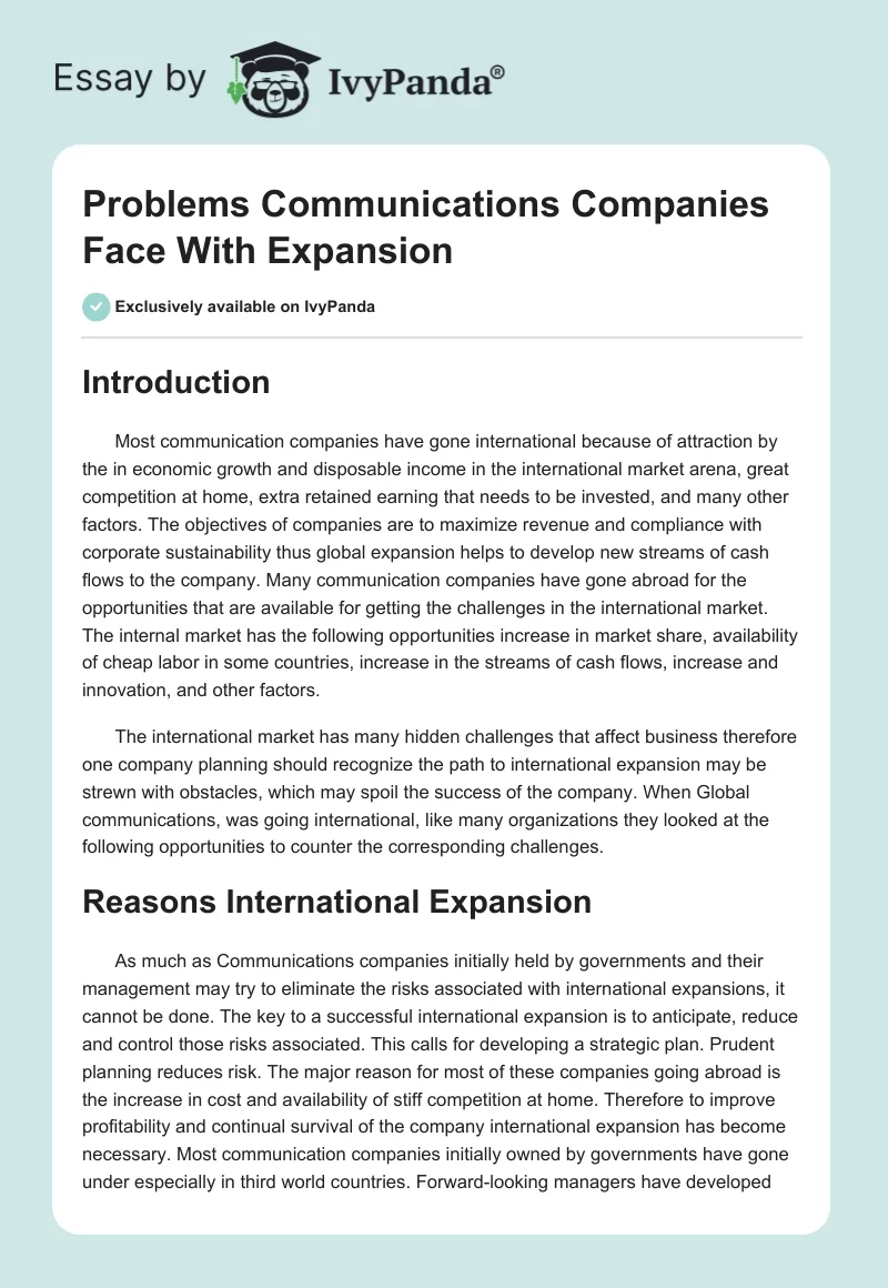 Problems Communications Companies Face With Expansion. Page 1