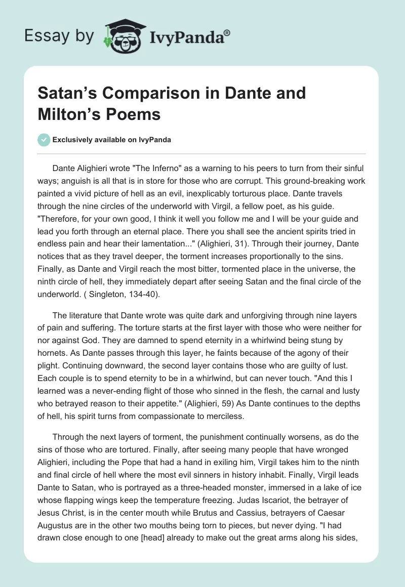 Satan’s Comparison in Dante and Milton’s Poems. Page 1