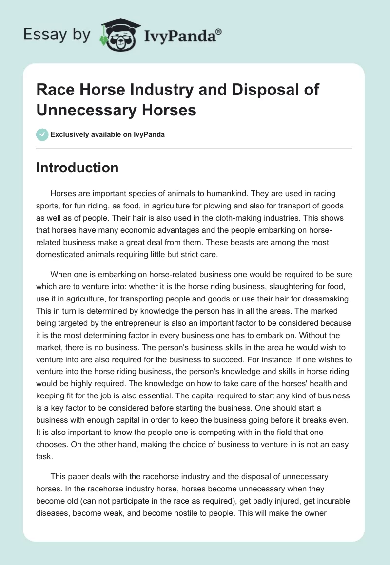 Race Horse Industry and Disposal of Unnecessary Horses. Page 1