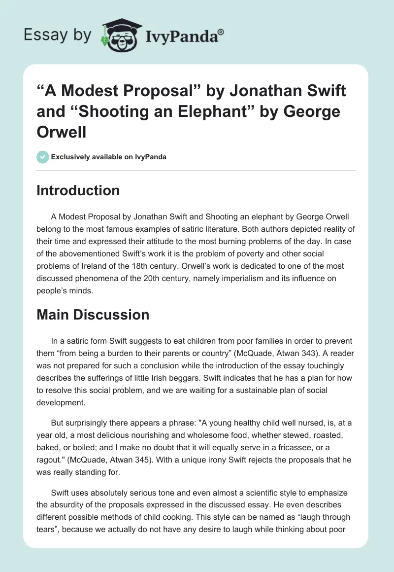 “A Modest Proposal” by Jonathan Swift and “Shooting an Elephant” by George Orwell. Page 1