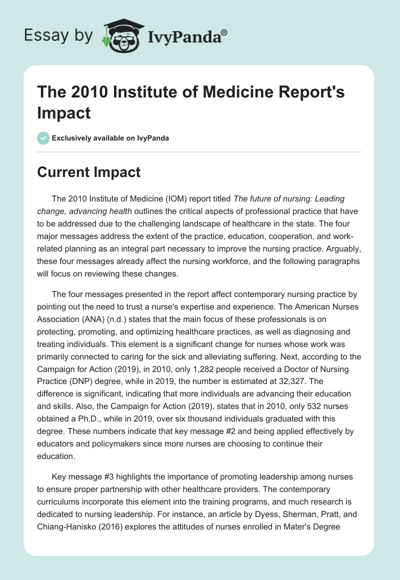 The 2010 Institute of Medicine Report's Impact. Page 1