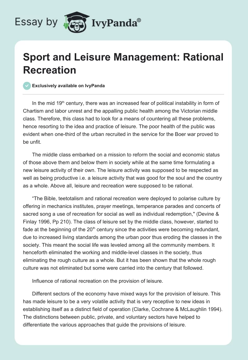 Sport and Leisure Management: Rational Recreation. Page 1