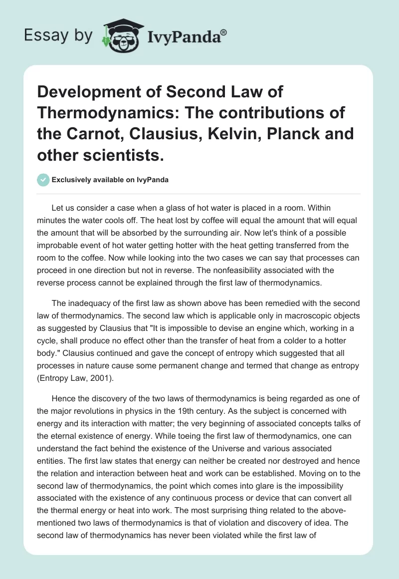 Development of Second Law of Thermodynamics: The contributions of the Carnot, Clausius, Kelvin, Planck and other scientists.. Page 1