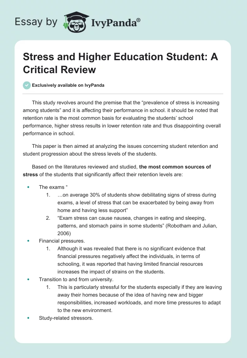 Stress and Higher Education Student: A Critical Review. Page 1