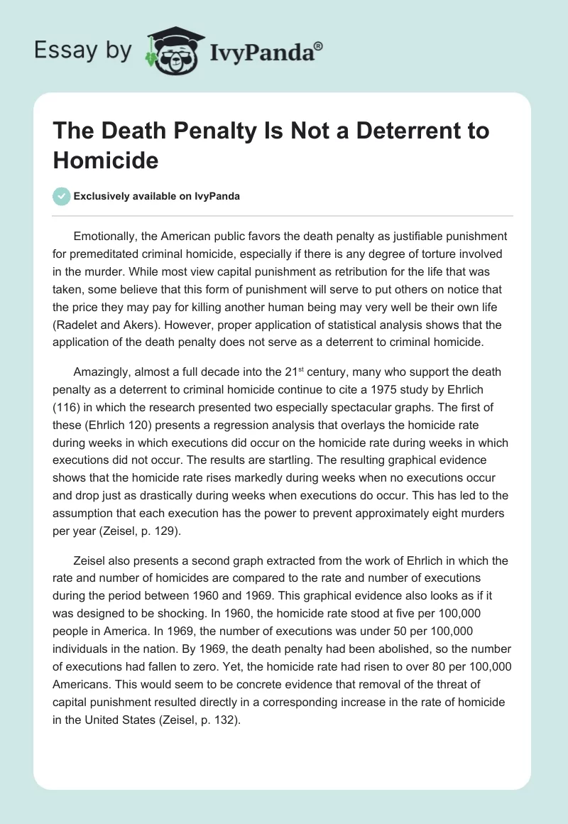 The Death Penalty Is Not a Deterrent to Homicide. Page 1