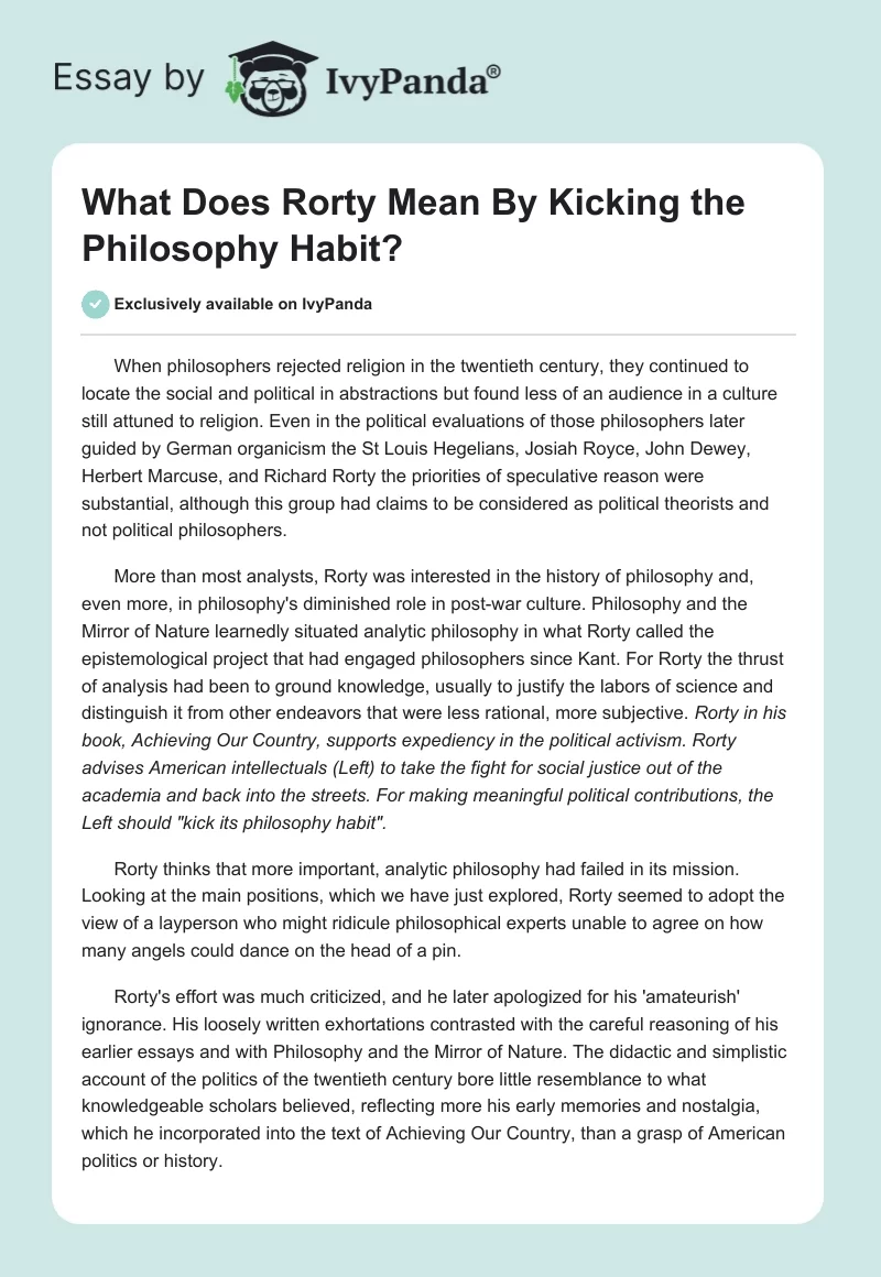 What Does Rorty Mean By Kicking the Philosophy Habit?. Page 1