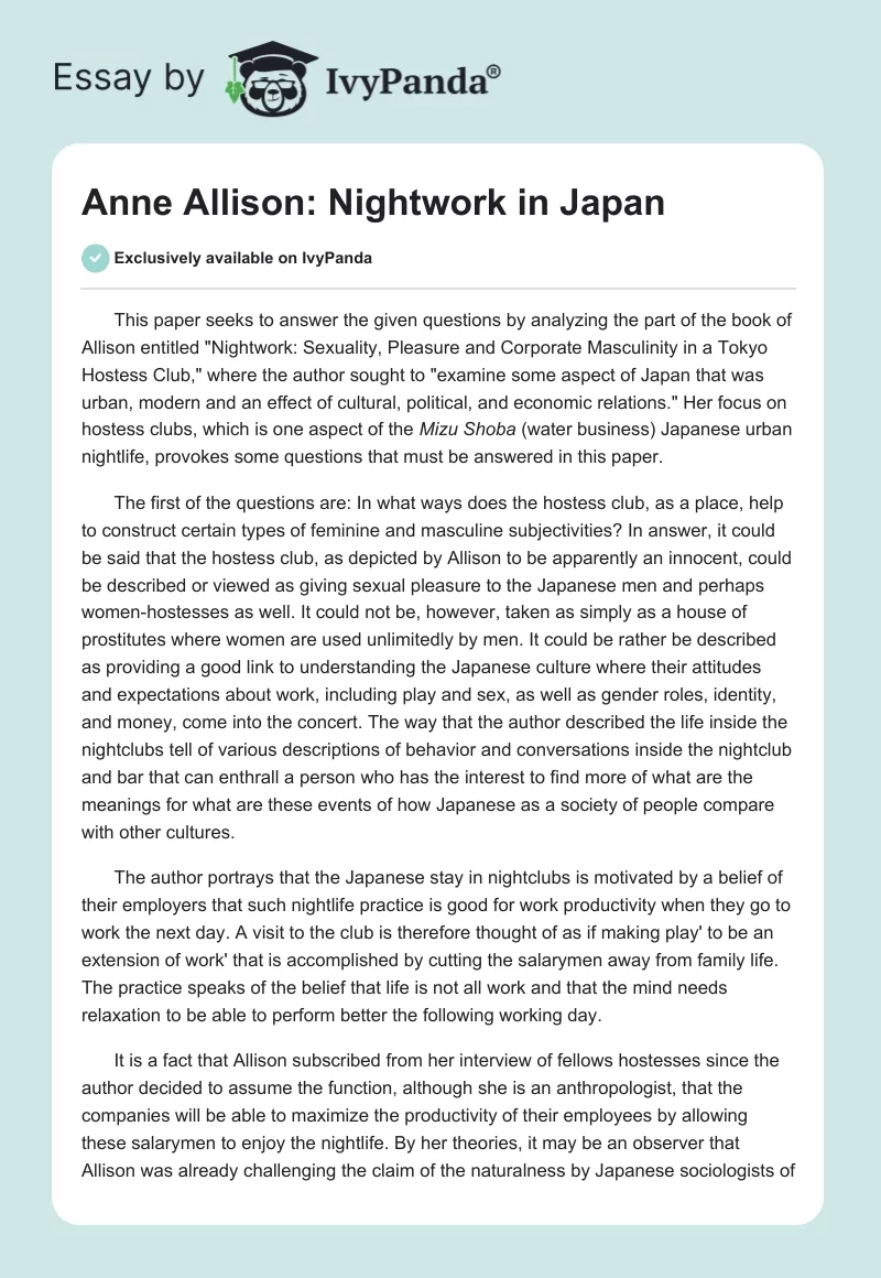 Anne Allison: Nightwork in Japan. Page 1