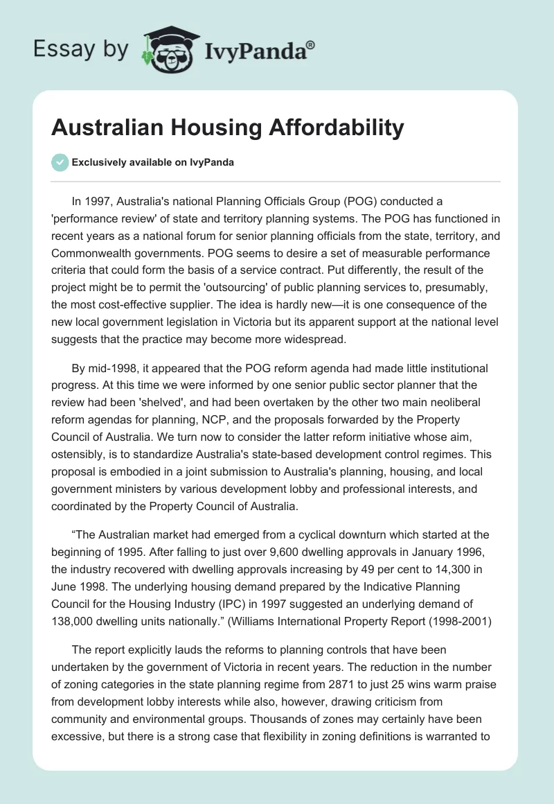 Australian Housing Affordability. Page 1