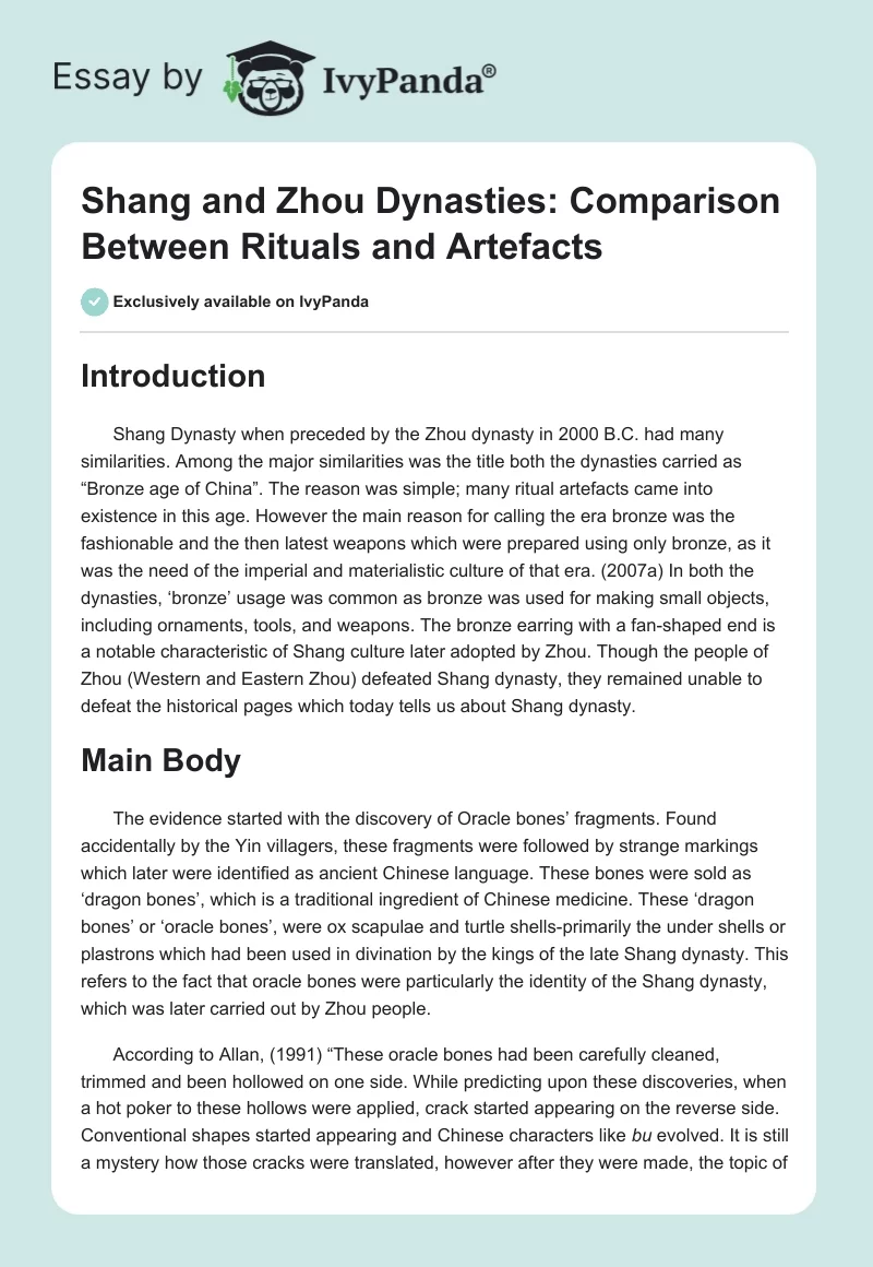Shang and Zhou Dynasties: Comparison Between Rituals and Artefacts. Page 1