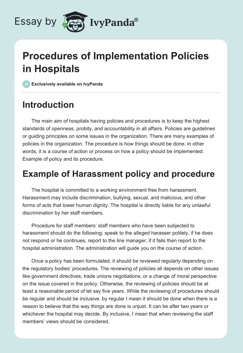 Procedures of Implementation Policies in Hospitals. Page 1