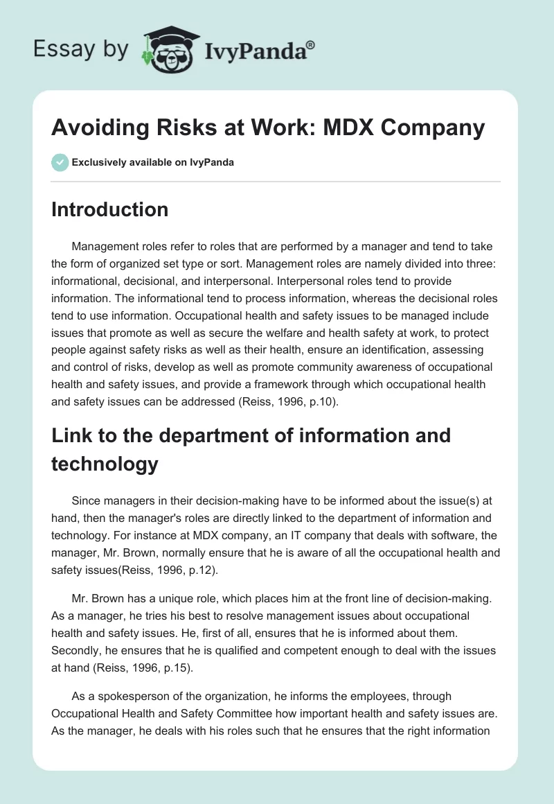 Avoiding Risks at Work: MDX Company. Page 1