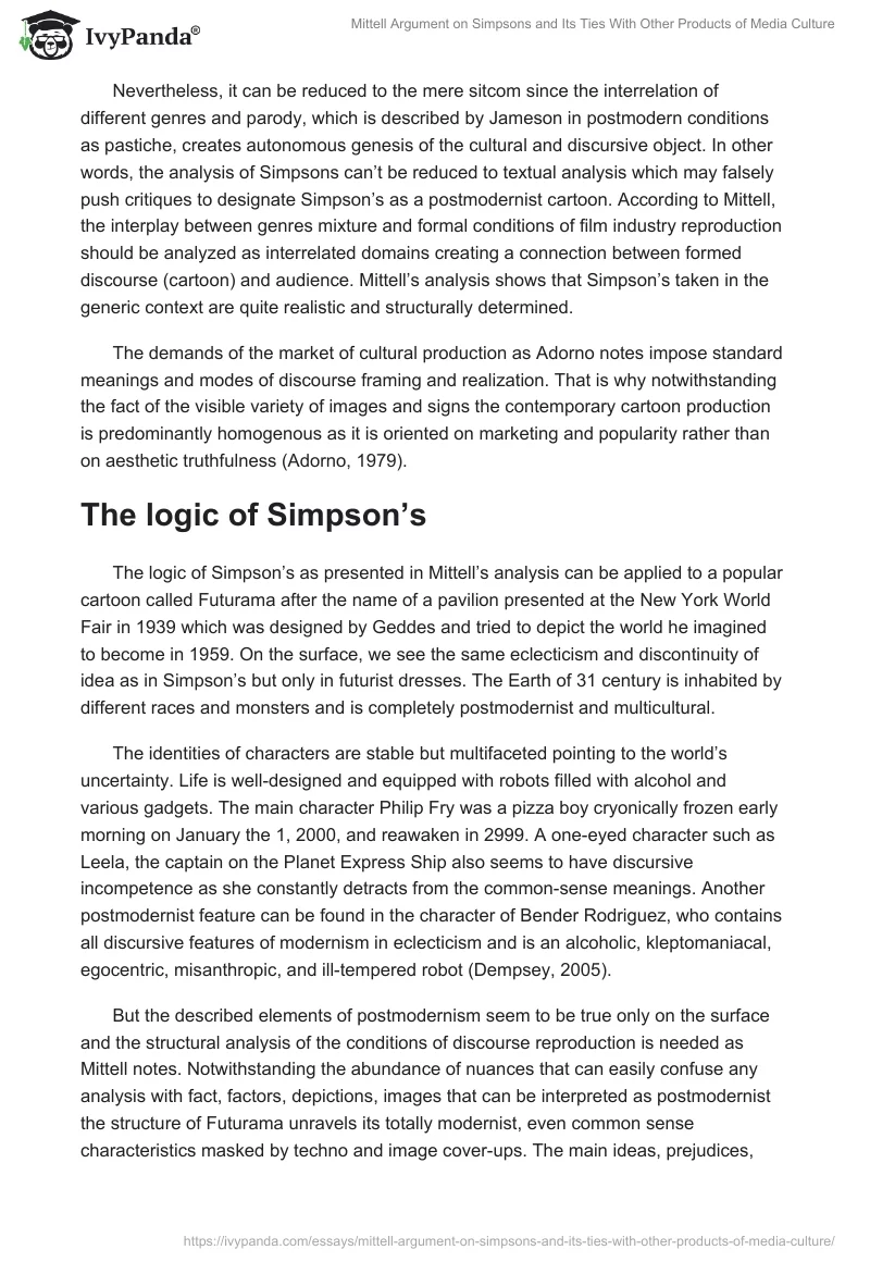 Mittell Argument on "Simpsons" and Its Ties With Other Products of Media Culture. Page 2