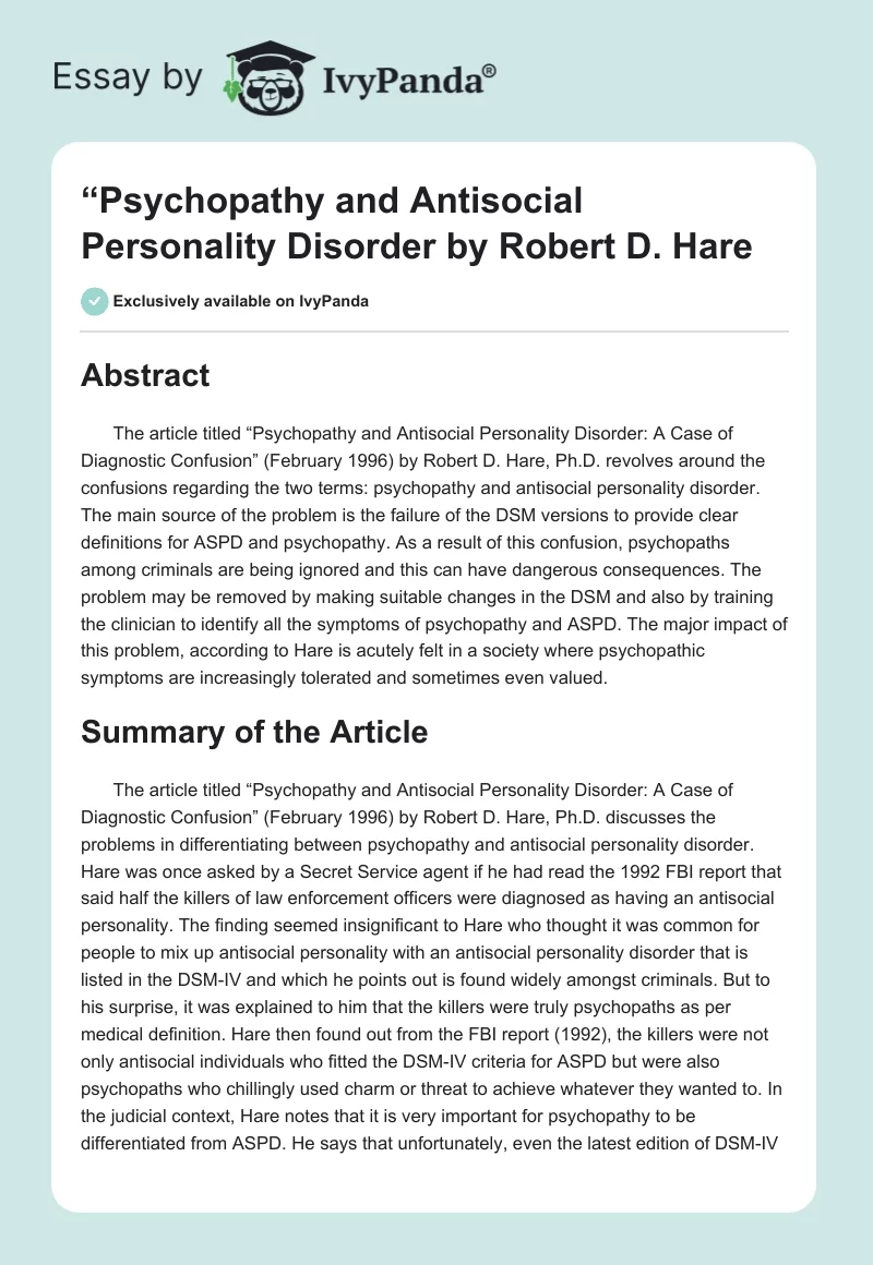“Psychopathy and Antisocial Personality Disorder" by Robert D. Hare. Page 1