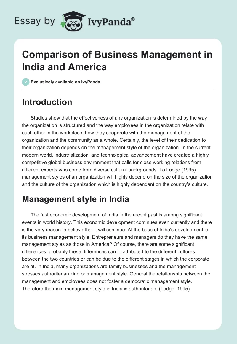 Comparison of Business Management in India and America. Page 1
