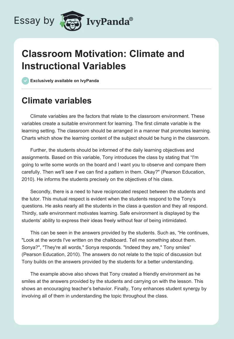 Classroom Motivation: Climate and Instructional Variables. Page 1