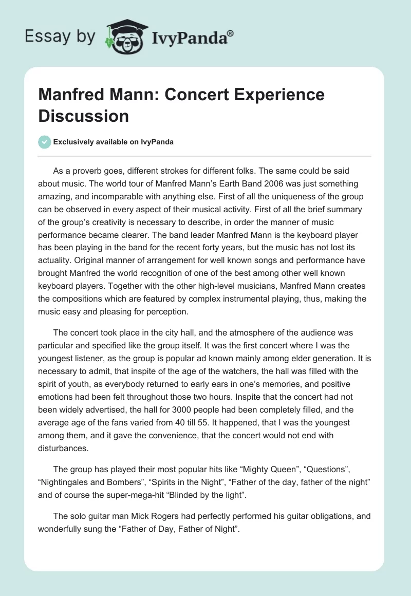 Manfred Mann: Concert Experience Discussion. Page 1