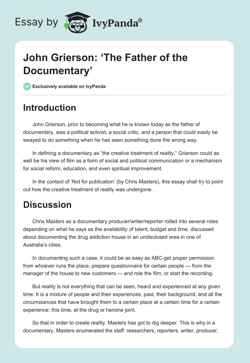 John Grierson: ‘The Father of the Documentary’. Page 1