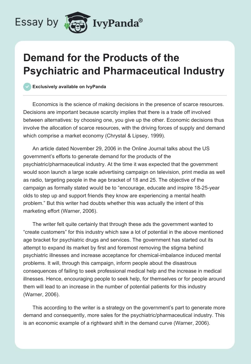 Demand for the Products of the Psychiatric and Pharmaceutical Industry. Page 1