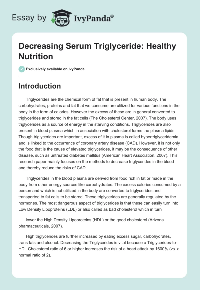Decreasing Serum Triglyceride: Healthy Nutrition. Page 1