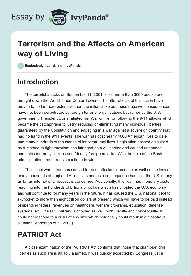 Terrorism and the Affects on American Way of Living. Page 1