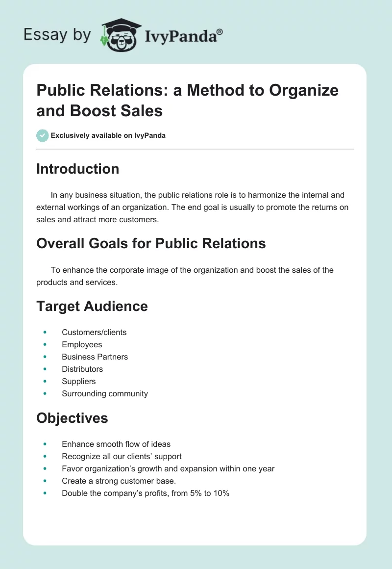 Public Relations: a Method to Organize and Boost Sales. Page 1