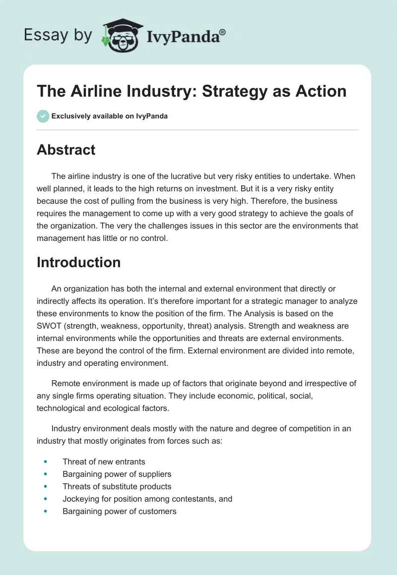 The Airline Industry: Strategy as Action. Page 1
