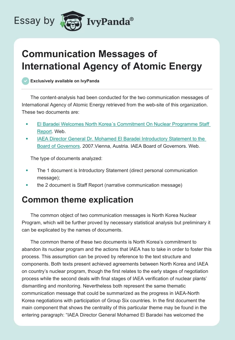 Communication Messages of International Agency of Atomic Energy. Page 1