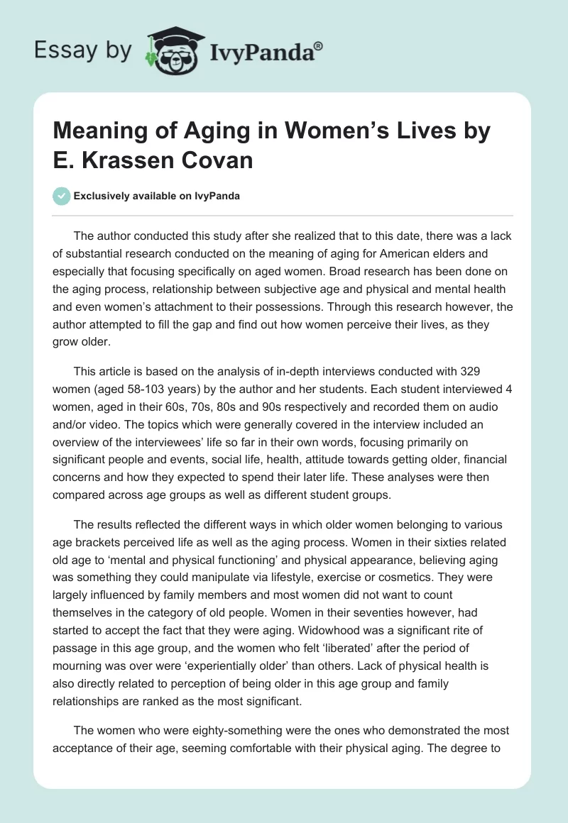"Meaning of Aging in Women’s Lives" by E. Krassen Covan. Page 1