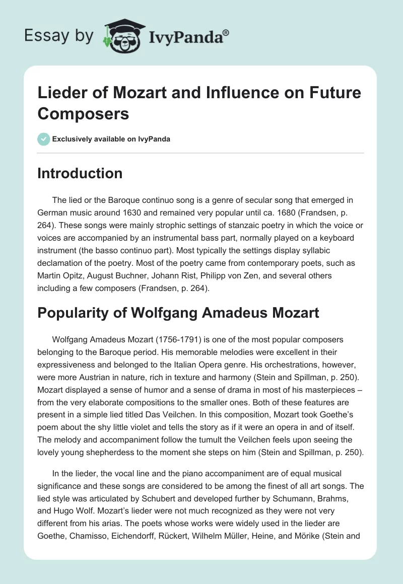 Lieder of Mozart and Influence on Future Composers. Page 1