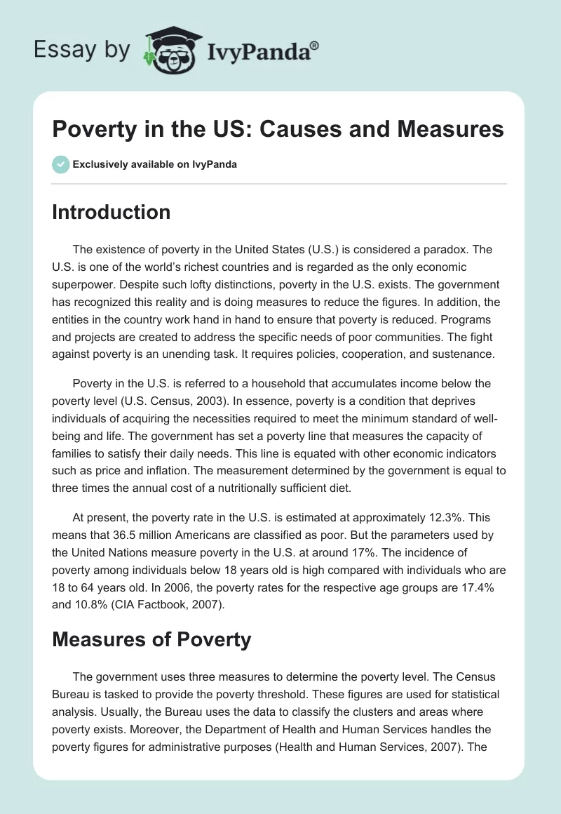 Poverty in the US: Causes and Measures. Page 1